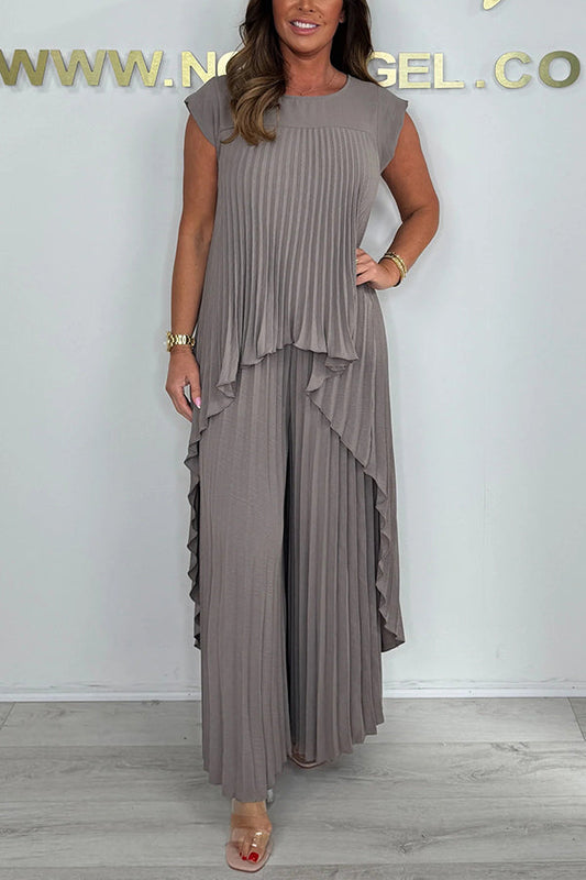 ⏳Limited time 50% OFF⏳🔥Laney Pleated Short Sleeve Irregular Midi Top and Elastic Waist Wide Leg Pants Set🚀Free shipping🚀