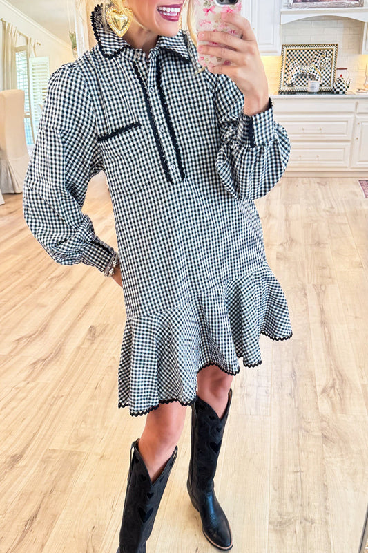 Black Gingham Scallop Trim Pocket Dress