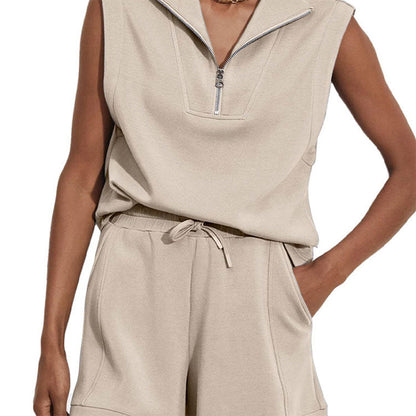 🎉2025 New Products Hot Sale✨Women's Summer Half Zip Sleeveless Two-Piece Shorts Suit