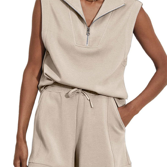 🎉2025 New Products Hot Sale✨Women's Summer Half Zip Sleeveless Two-Piece Shorts Suit