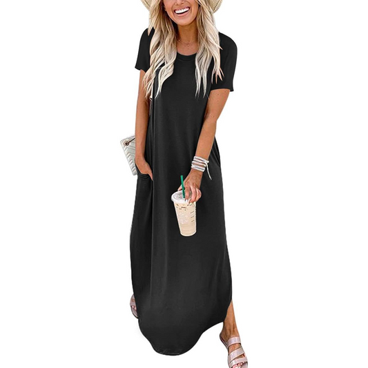 🔥HOT SALE 50% OFF🔥Women's Casual Loose Short Sleeve Pocket Split Maxi Dress