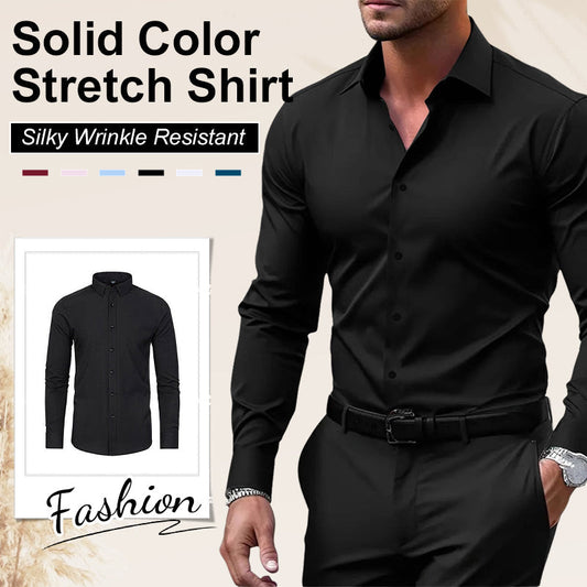 💼Men's Silky Wrinkle Resistant Solid Color Stretch Shirt | Roll-Up Sleeves & Hidden Buttons | 4-Way Stretch Fabric