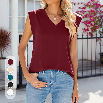 Women's Casual Solid Cap Sleeve V Neck Tank Tops