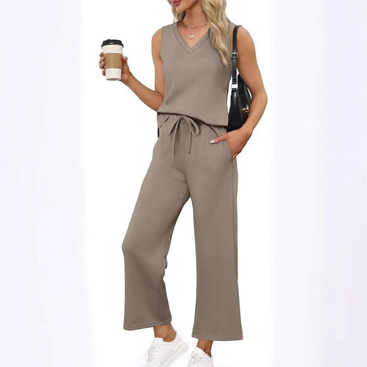 Women's V-Neck Top & Pants 2-Piece Set