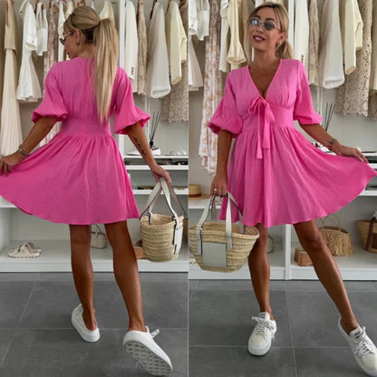 Casual V-Neck Solid Color Mini Dress
